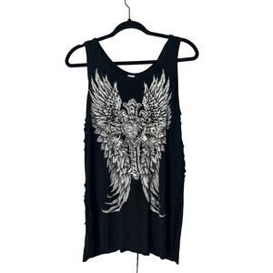 Affliction Style Angel Wing Lace Up Distressed Tank Top Size M Y2K Rockstar Glam